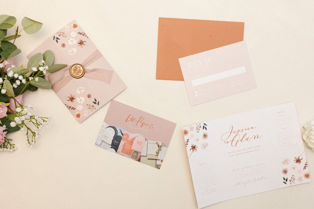 Peach and blush wedding stationery suite by Love Paper Co during Black Romance London editorial at Prince of Peckham